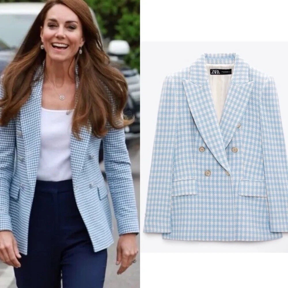 Nwt Zara Houndstooth Double-Breasted Blazer Blue Princess Kate Blogger Fav Sz S